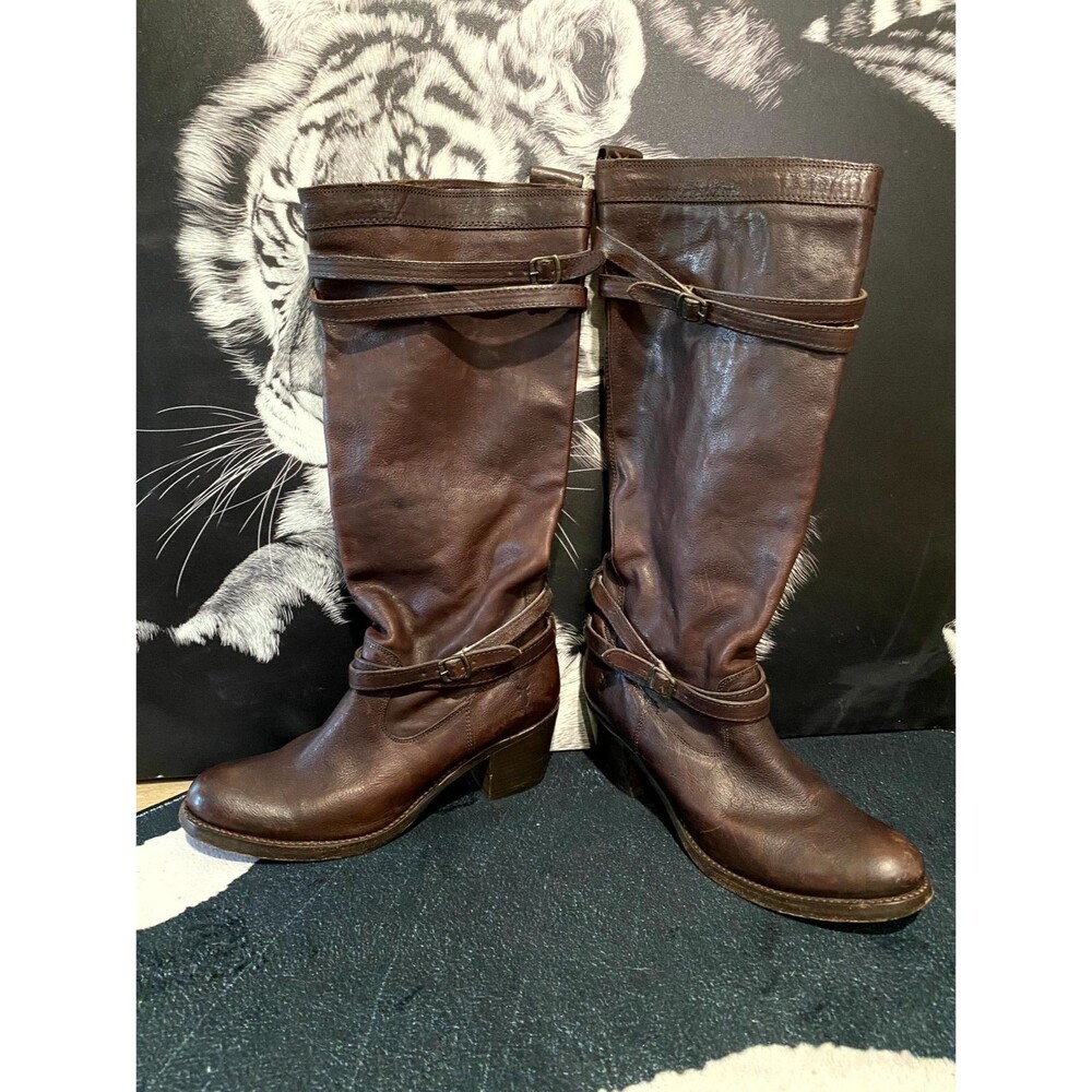 Frye Jane Strappy 76396 Knee High Riding Boot Women's 9.5 Brown Leather Cowgirl